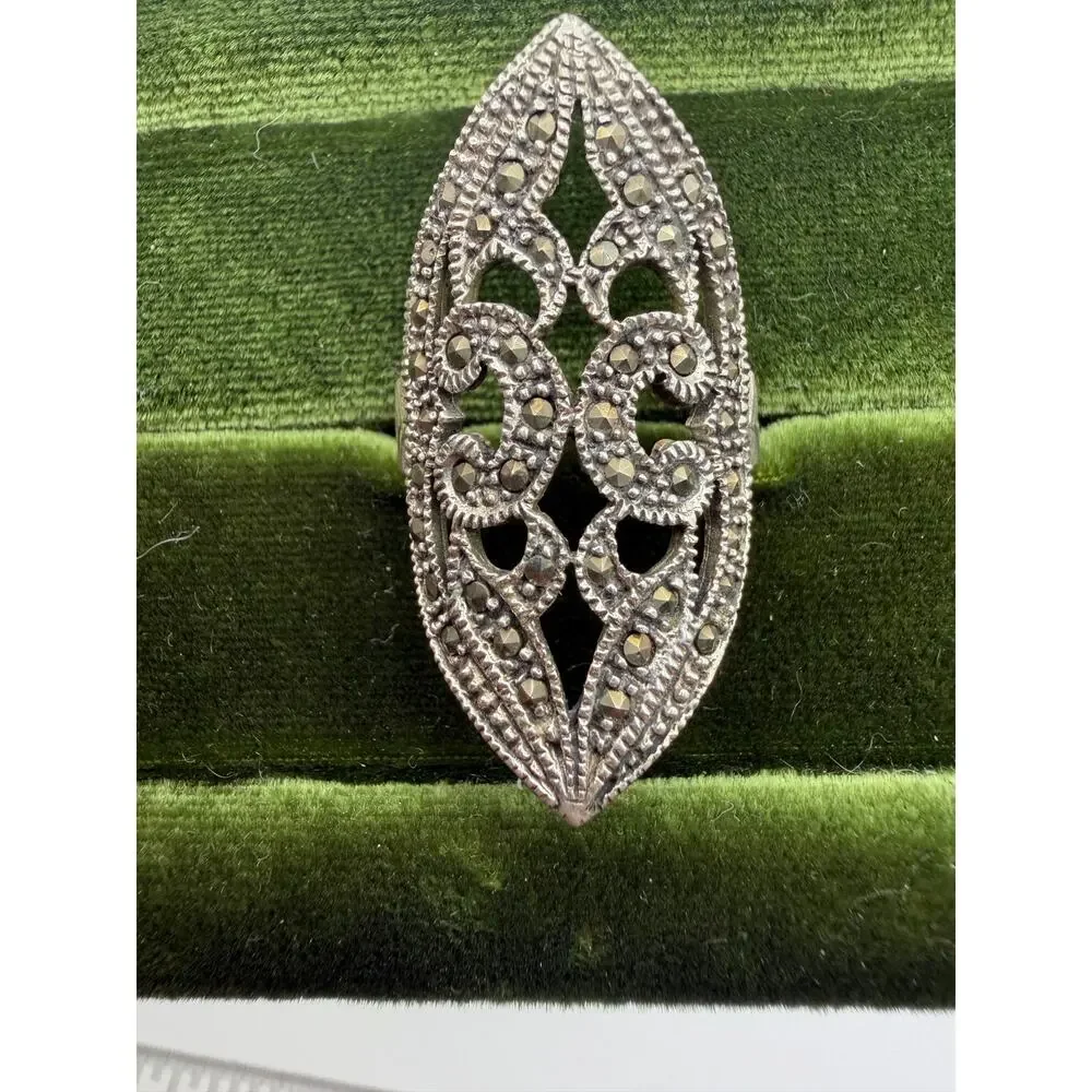 Helen Andrews inc Art Deco-style sterling silver marcasite statement ring sz 7.5